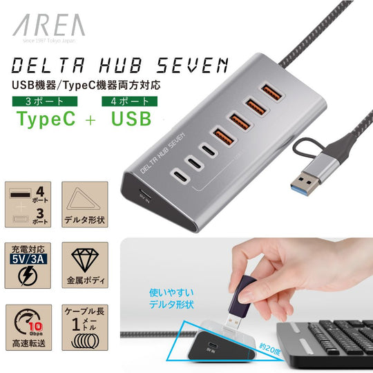 エアリア DELTA HUB SEVEN USB3.2 10GbpsTypeC 3ポート TypeA 4ポート 補助電源用 TypeC 1ポート SD-HC3A4